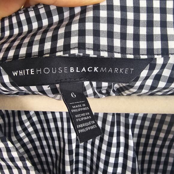 White House Black Market Blouse Gingham Blouse Bell Sleeve Blouse 6 Black White - Picture 6 of 8